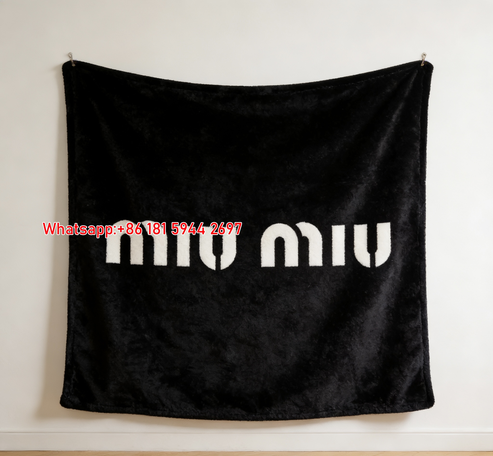 Miu Miu Minimalist White Logo Black Flannel Throw Blanket Miu Miu Brand Printed Sofa Blanket IMG_0339